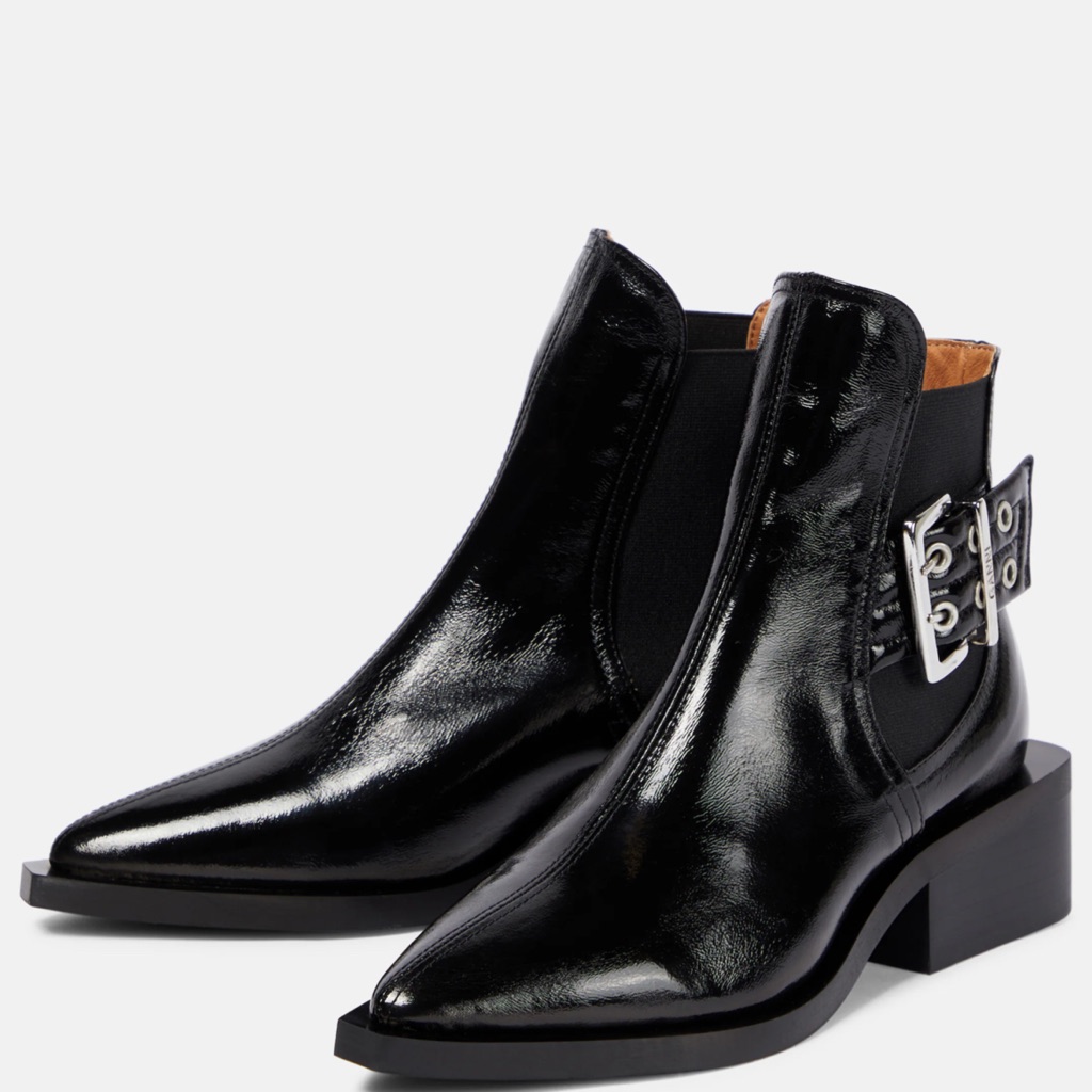 Ganni Glossy Black Ankle Booties With Silver Buckle